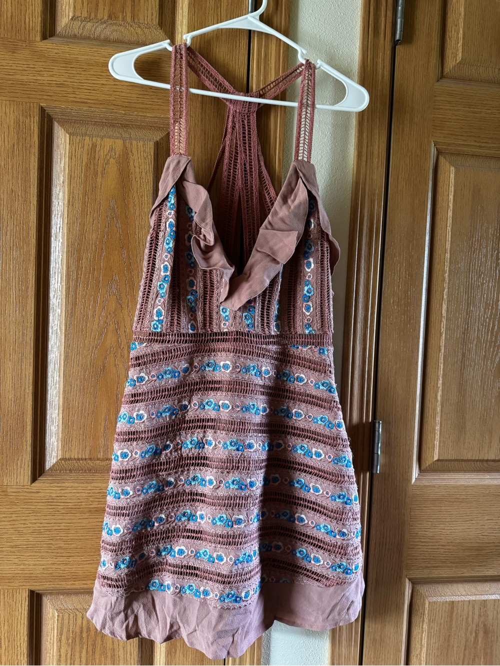 Mauve Crochet Dress with Blue Floral Embroidery